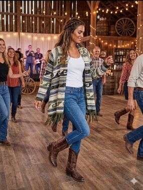 J. Jill Knit Green Cream Blue Rugged Aztec Boho Open Knit Cardigan Size Medium